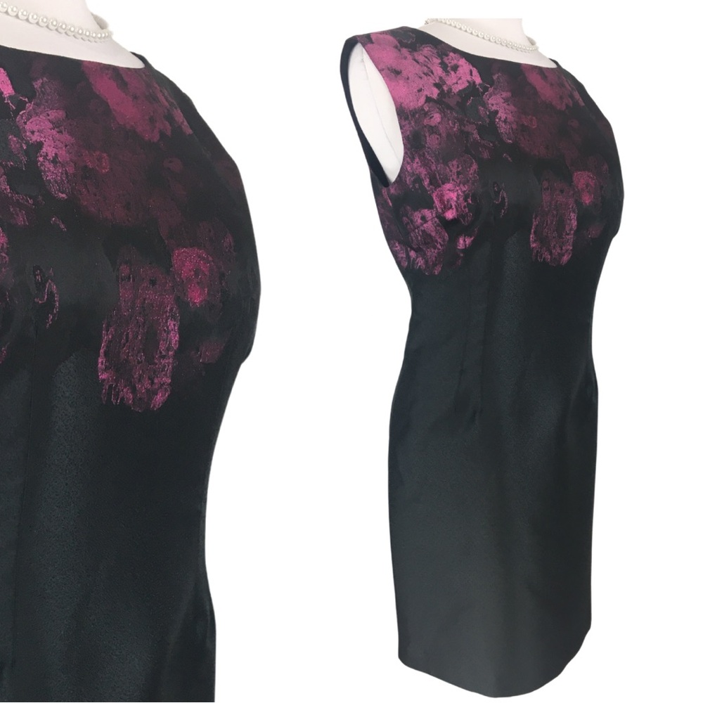 Tahari Black Pink Floral Jacquard Sleeveless High Neckline Sheath Dress size 12 - Picture 3 of 16